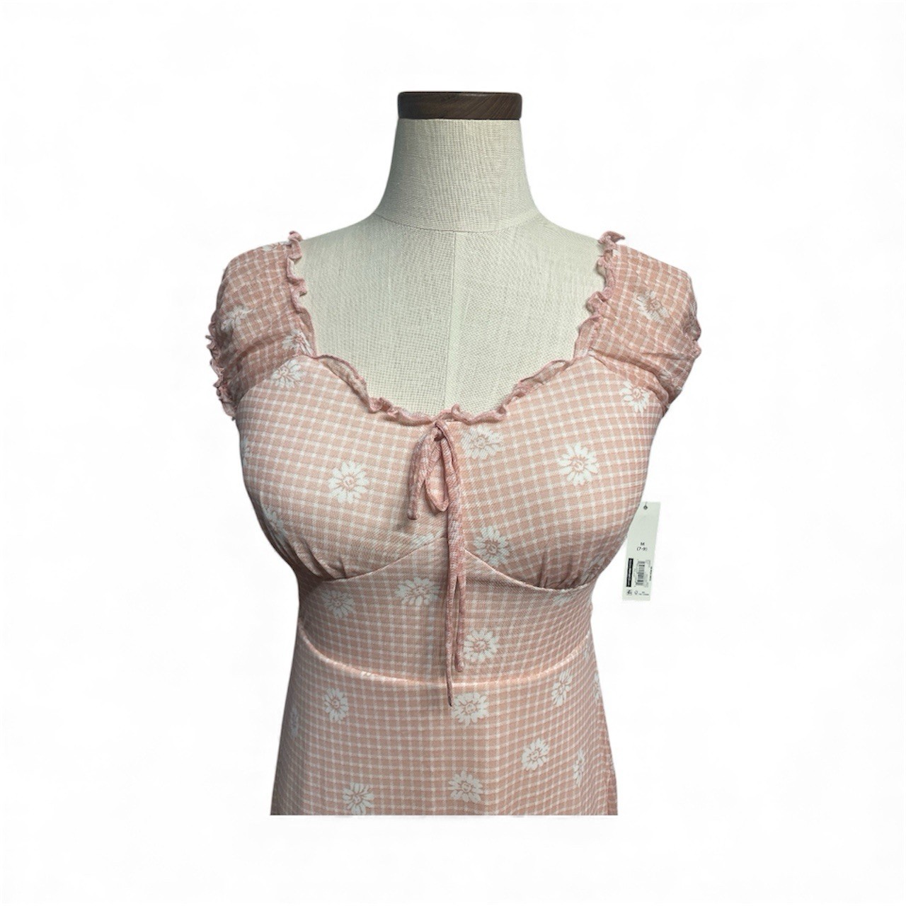 Pink Gingham Daisy Cottagecore Milkmaid Mini Dress Smocked mesh layered