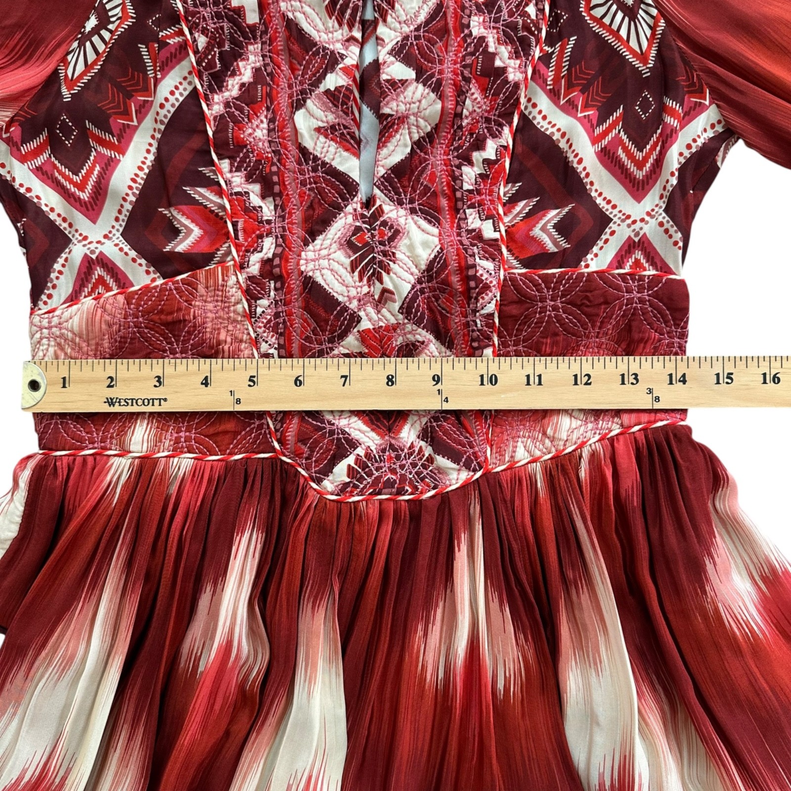 Farm Rio Ikat Boho Quilted Embroidery Puff Sleeve Mini Dress Size S Festival 70s