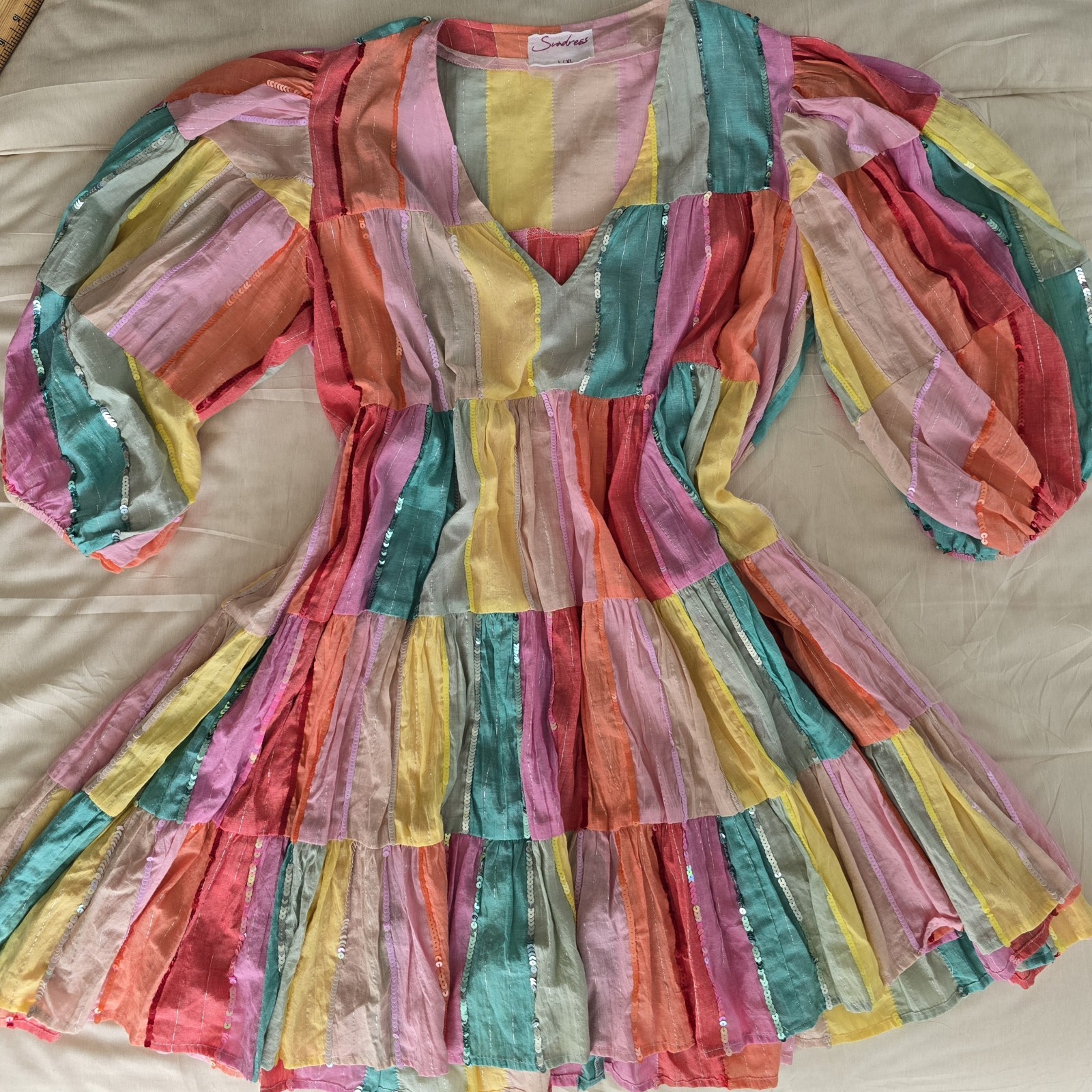 Sundress Salvador Rainbow Sequin Tier Mini Dress Boho Resort Festival NWOT L/XL