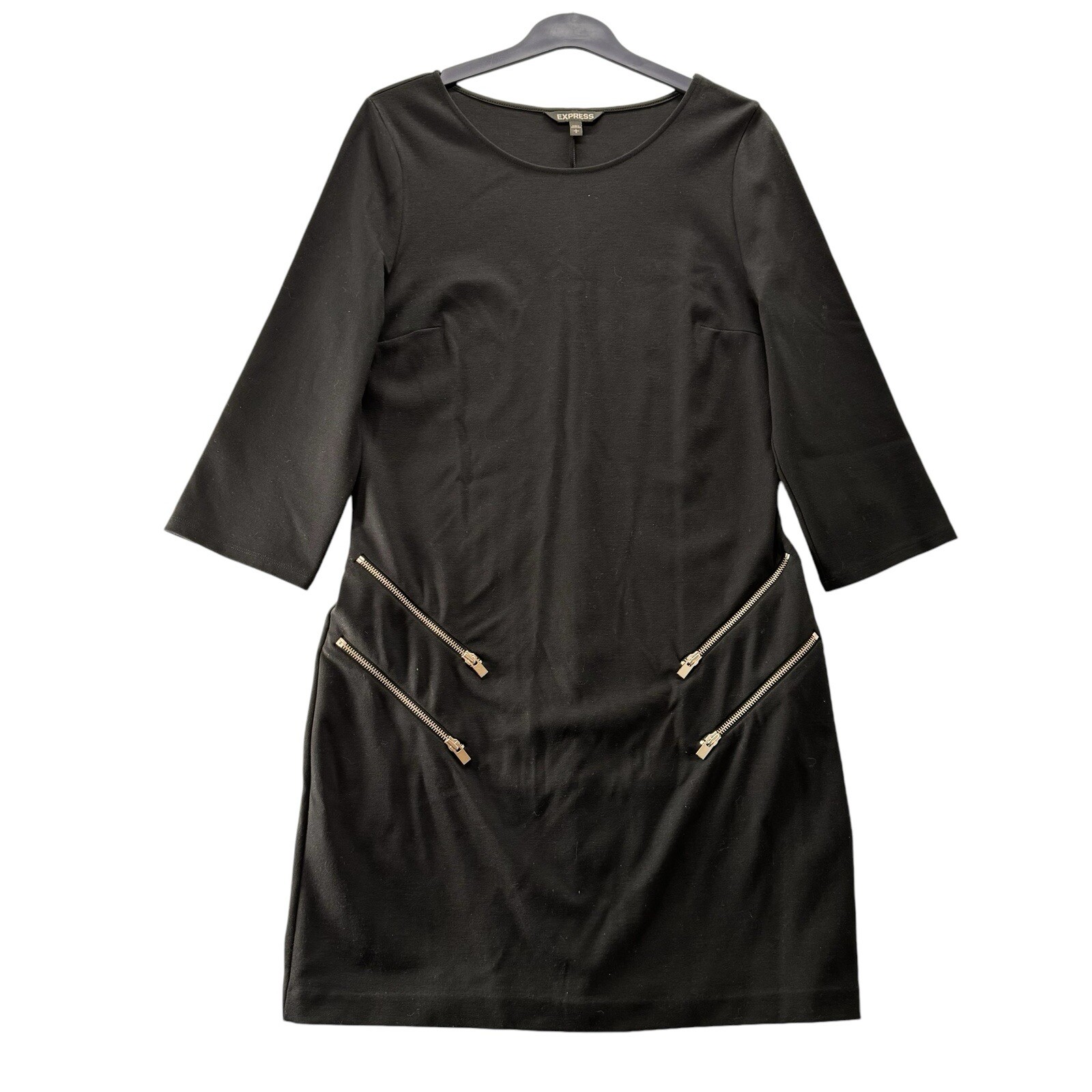 Express Women’s 3/4 Sleeve Black Dress Size L Zip Accents Stretchy Knee Length