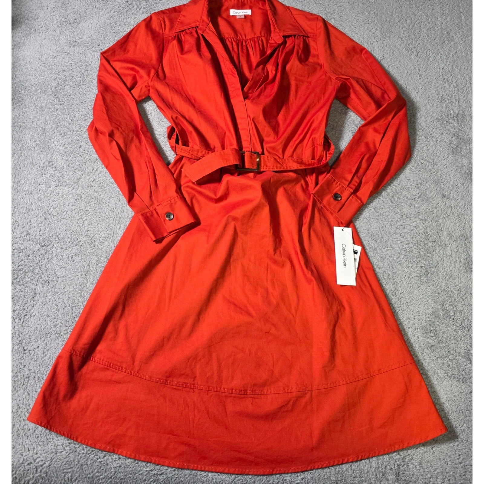 Calvin Klein Womens 8 Shirt Dress Red Belted Long Sleeve Midi CD5G2GM0