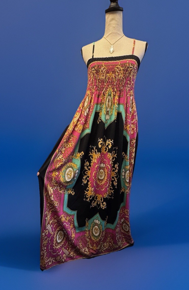 India Boutique Color Block Paisley Floral Maxi Dress Boho High Contrast Artsy OS