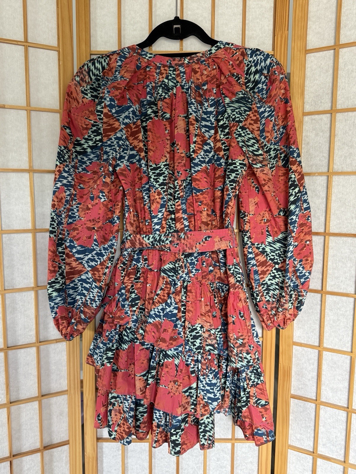 Ulla Johnson Miranda Belted Ruffle Mini Dress Boho Geometric Cotton Size 00