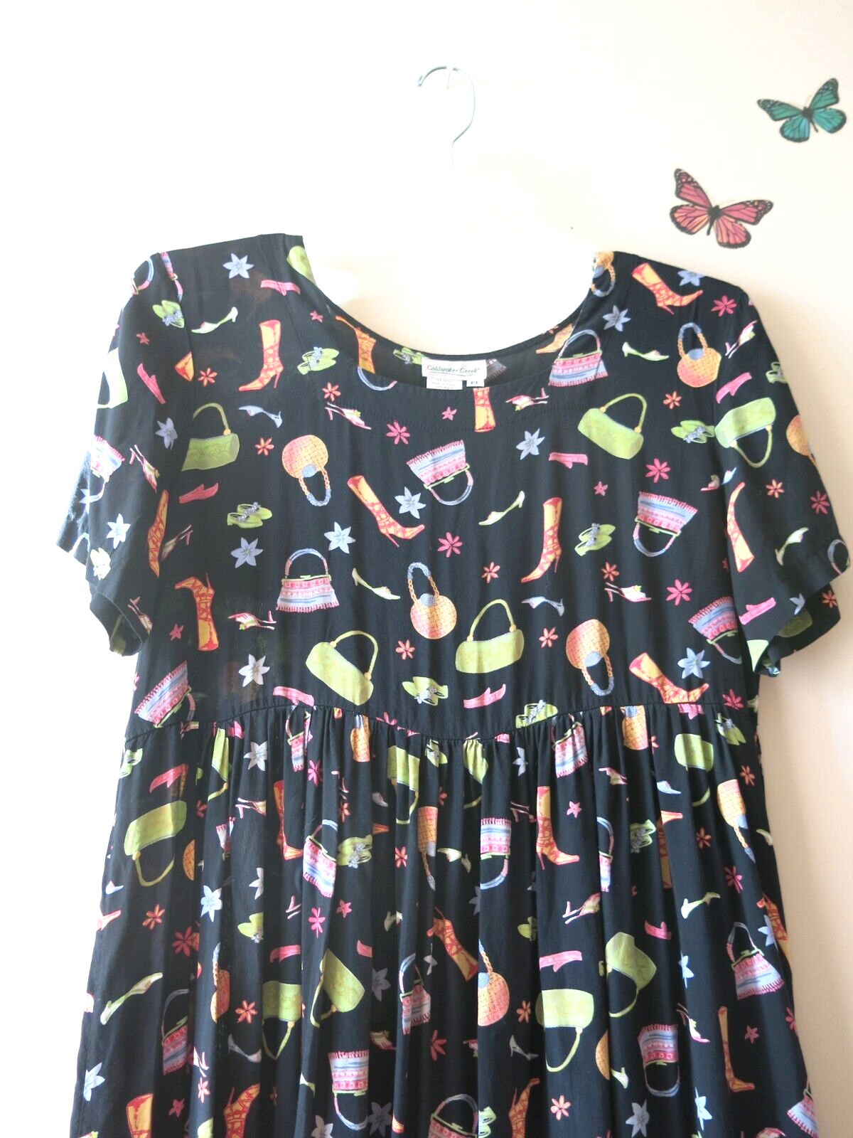 Vintage Coldwater Creek Rayon Black Shoe Purse Floral Print Jumper Dress Size PL