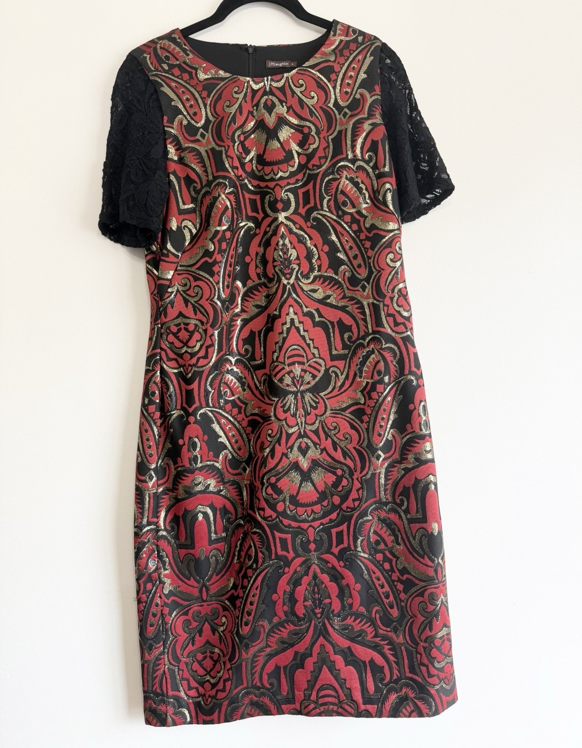 J. McLaughlin Belinda Dress Red Gold Black Metallic Paisley Lace Sleeve Sz 4