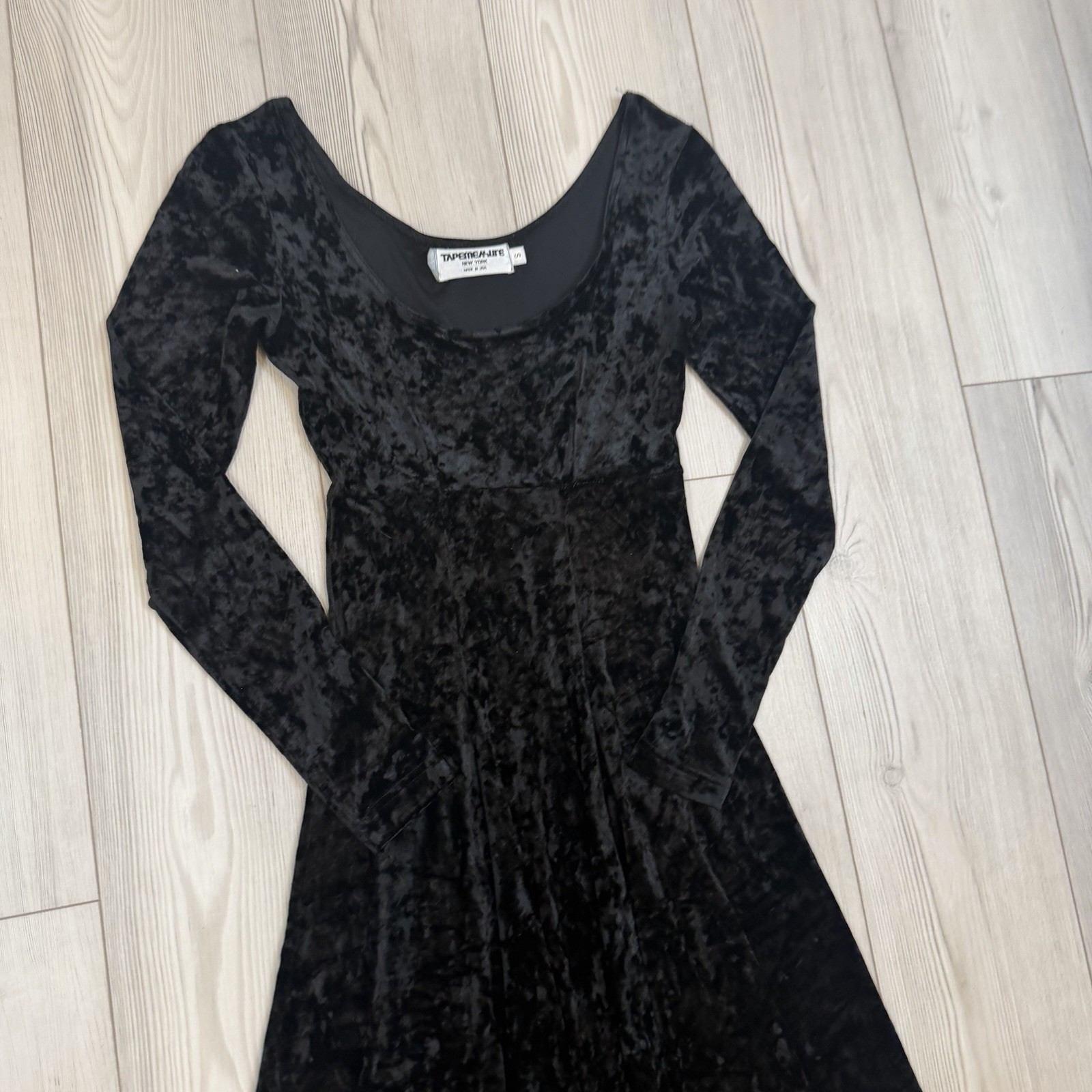 Vintage Tapemeasure Crushed Velvet Long Sleeve Dress Small Black Whimsical Goth