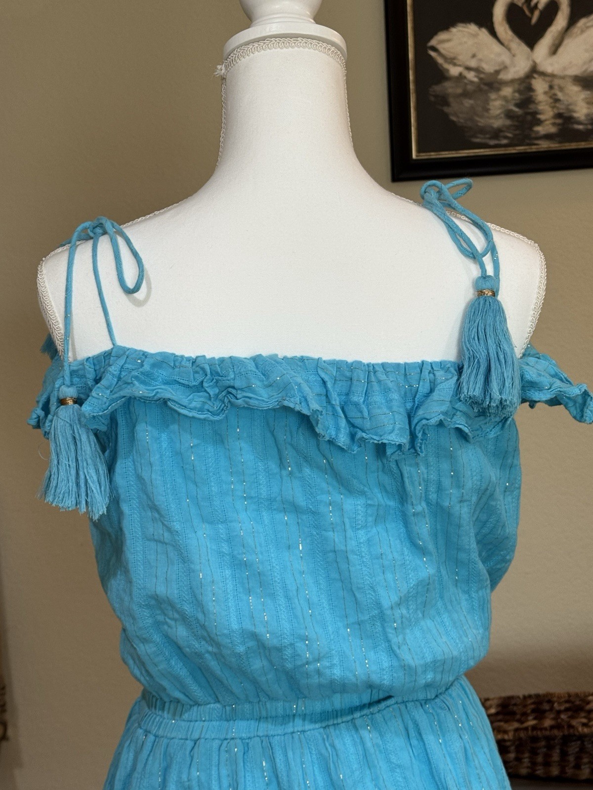 Karina Grimaldi Blue Tassel summer Mini Dress Medium Ruffle Metallic Resort