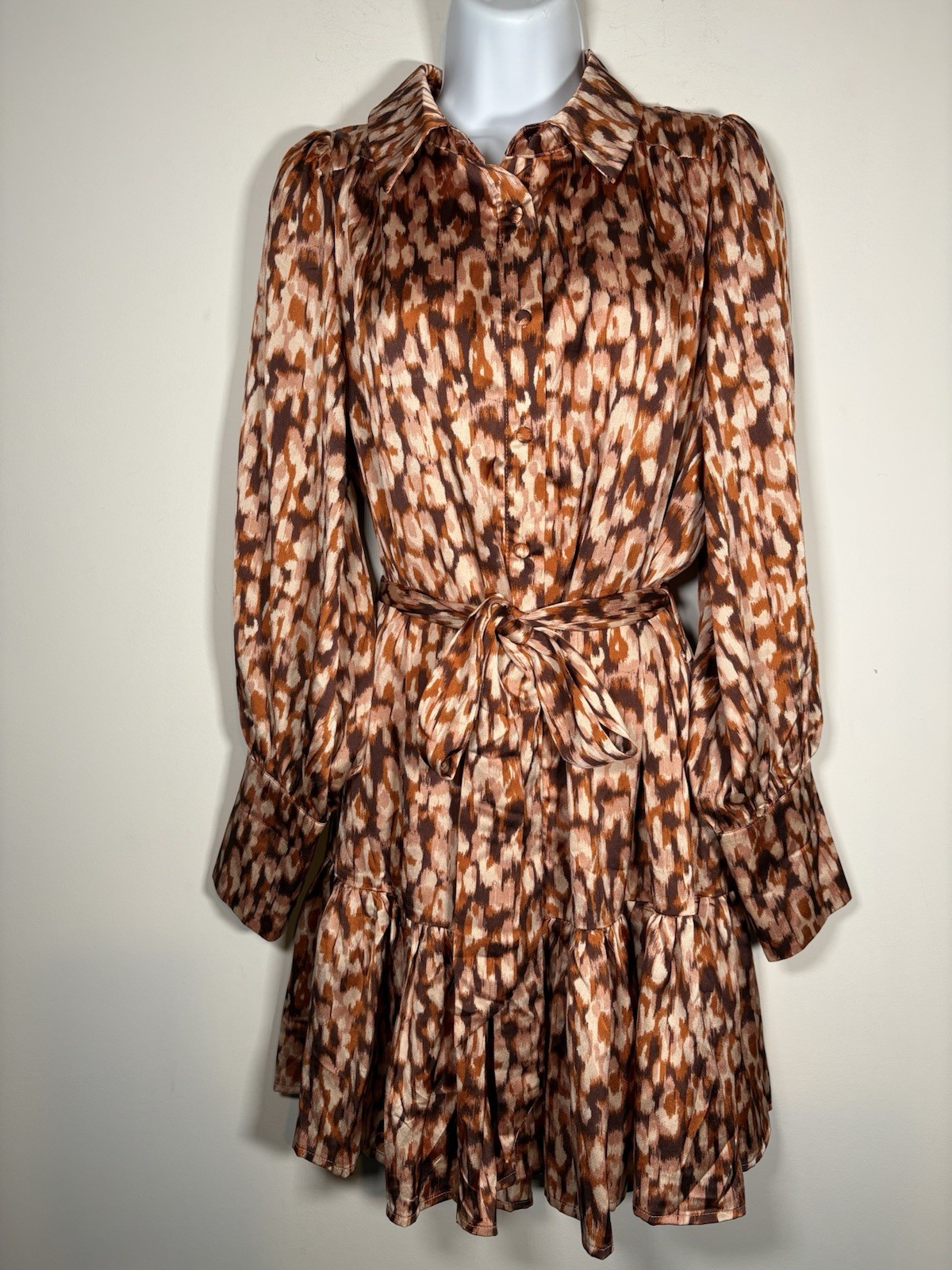 ENTRO Dress Size Large Spotted Chocolate Brown Rust Belted Button Cuff Boutique