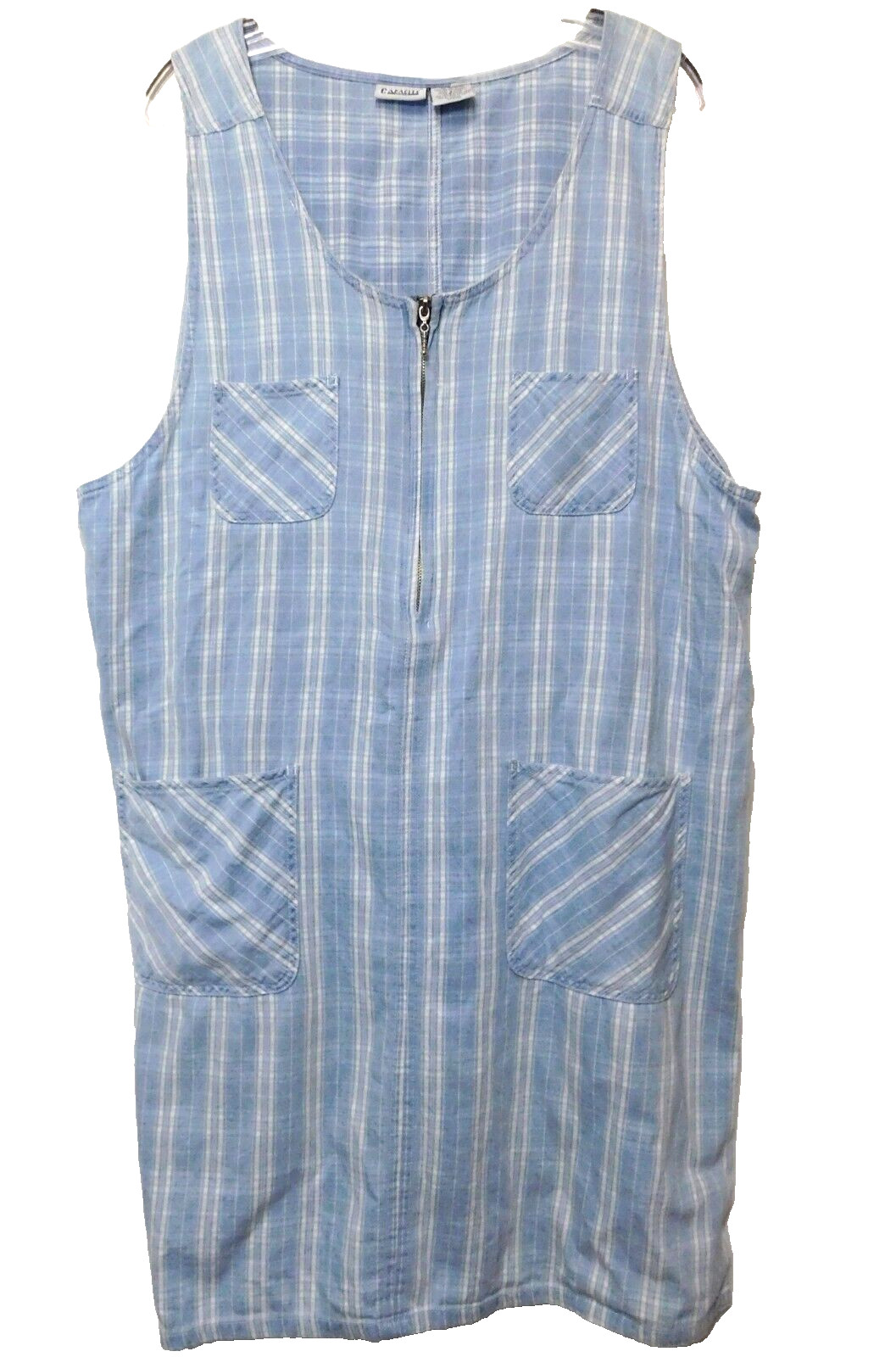 Capacity Woman Denim Jean Zip Front Jumper 1X Sleeveless Dress Cotton Blue Plaid