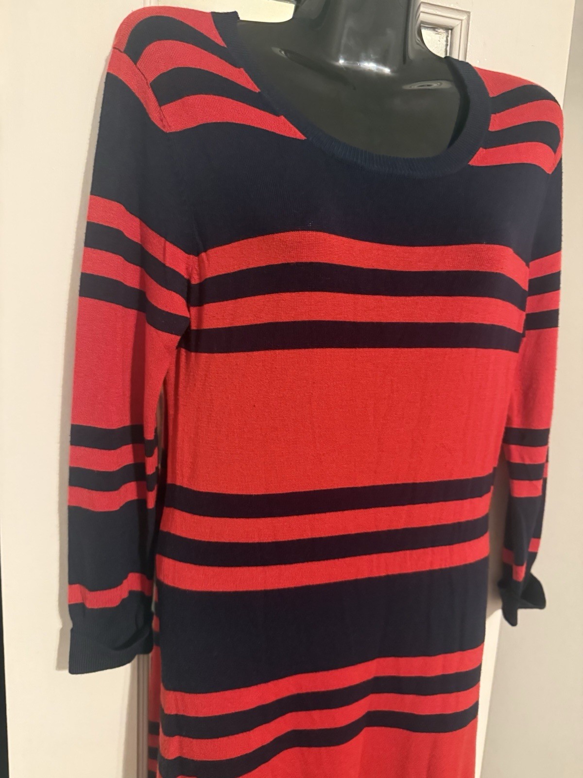 French Connection Red Black Striped Knit Sweater Dress 6 Scoop Neck 3/4 Sleeve