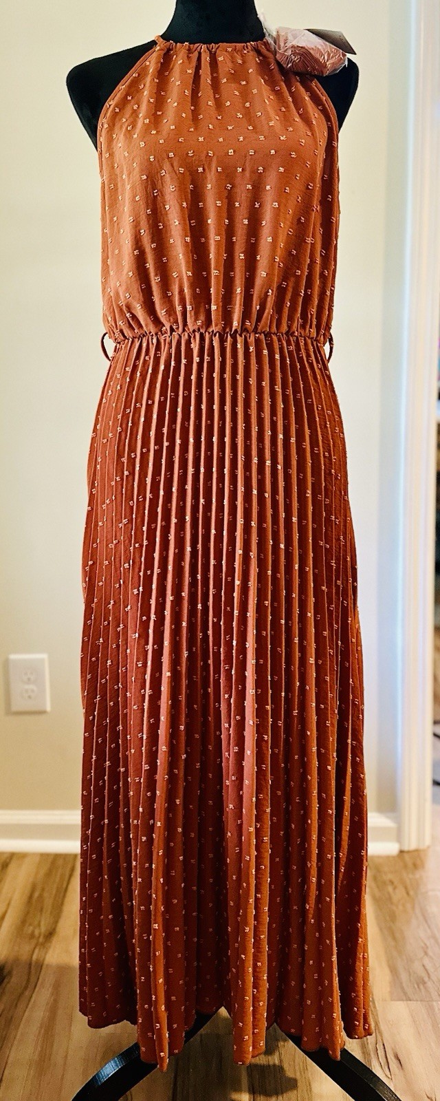 PrettyGarden NWT Chic Burnt Orange Swiss Dot Pleated Tie Waist Halter Dress Sz L