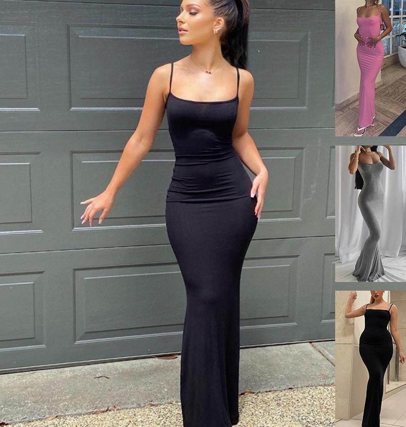 Spaghetti Strap Long Dress Women Sexy Slim Skinny Bodycon Party Club Suspender