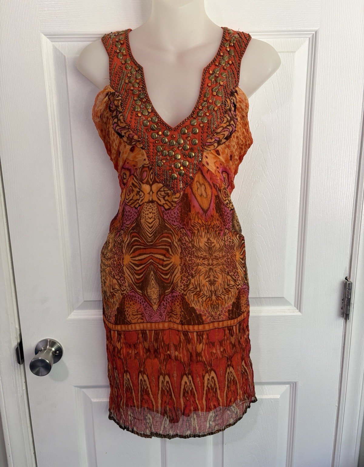 Y2K Alberto Makali Orange Abstract Beaded Studded V-Neck Sleeveless Mini Dress M