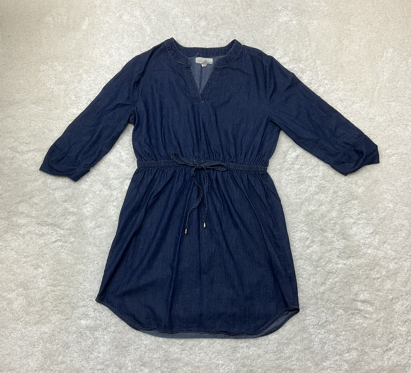 Sauci Womens Size M Blue Denim Dress Elastic Tie Waist 3/4 Sleeve V Neck