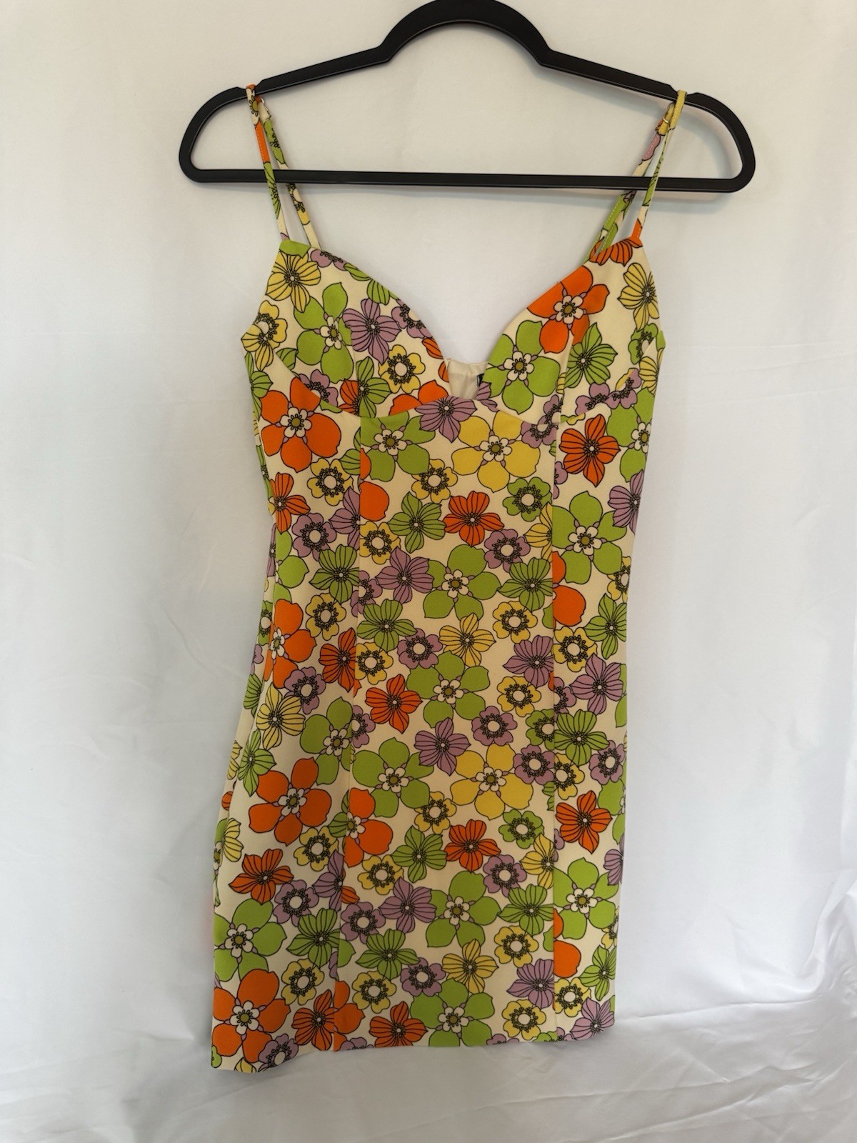 Zara Women Retro Summer Floral Print Spaghetti Strap Mini Dress Orange Green S