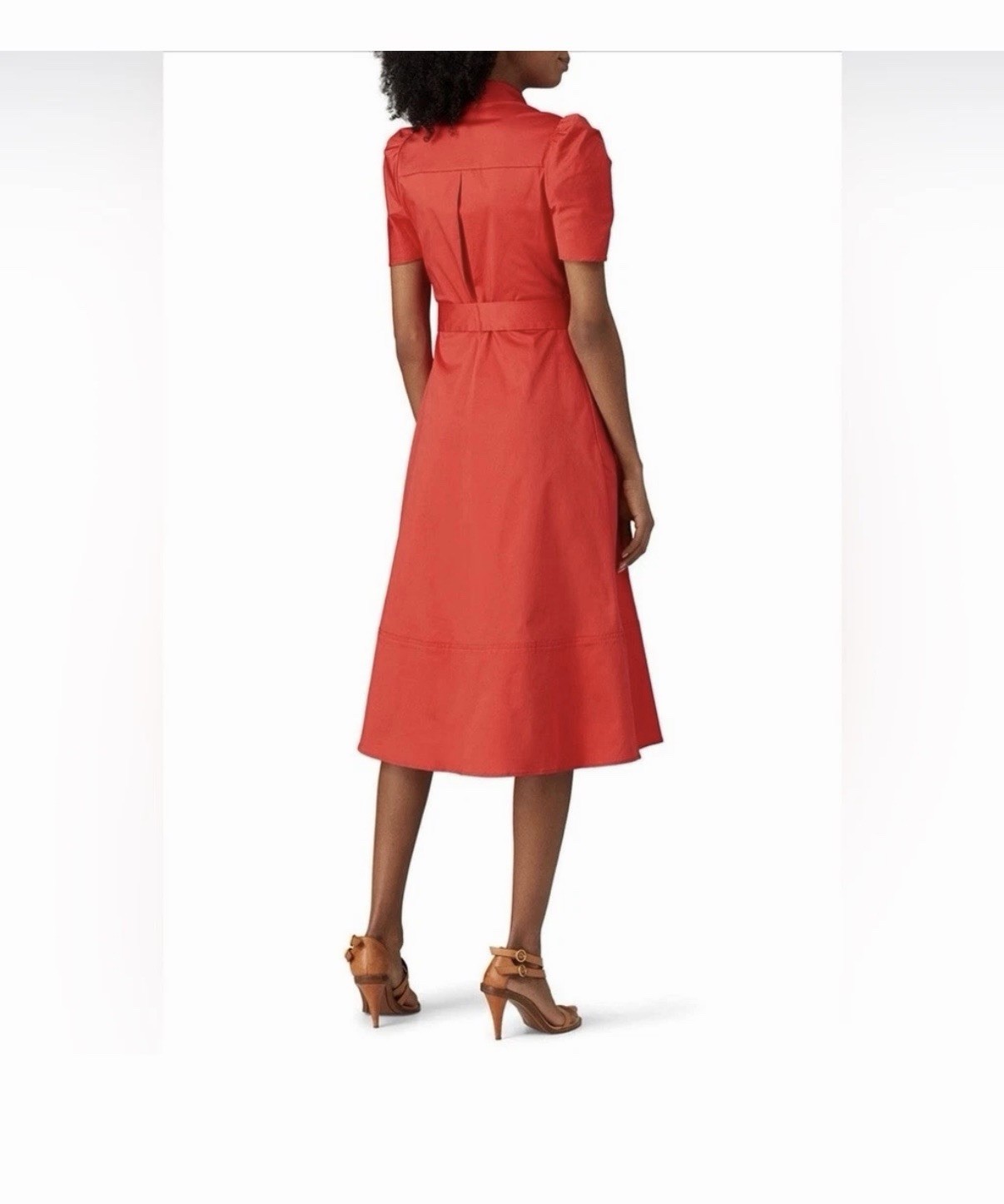 Shoshanna Red Collared Button-Front Puff Short Sleeve Belted Midi Shirt Dress 6