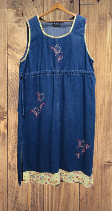 VNTG. M.P.H. Blues Denim Floral Embroidered Jumper Dress Trim & Ties Size XL/2XL