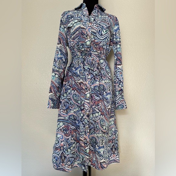 NWT NY Collection Paisley Button-Front Belted Midi Dress Blue Red Size M