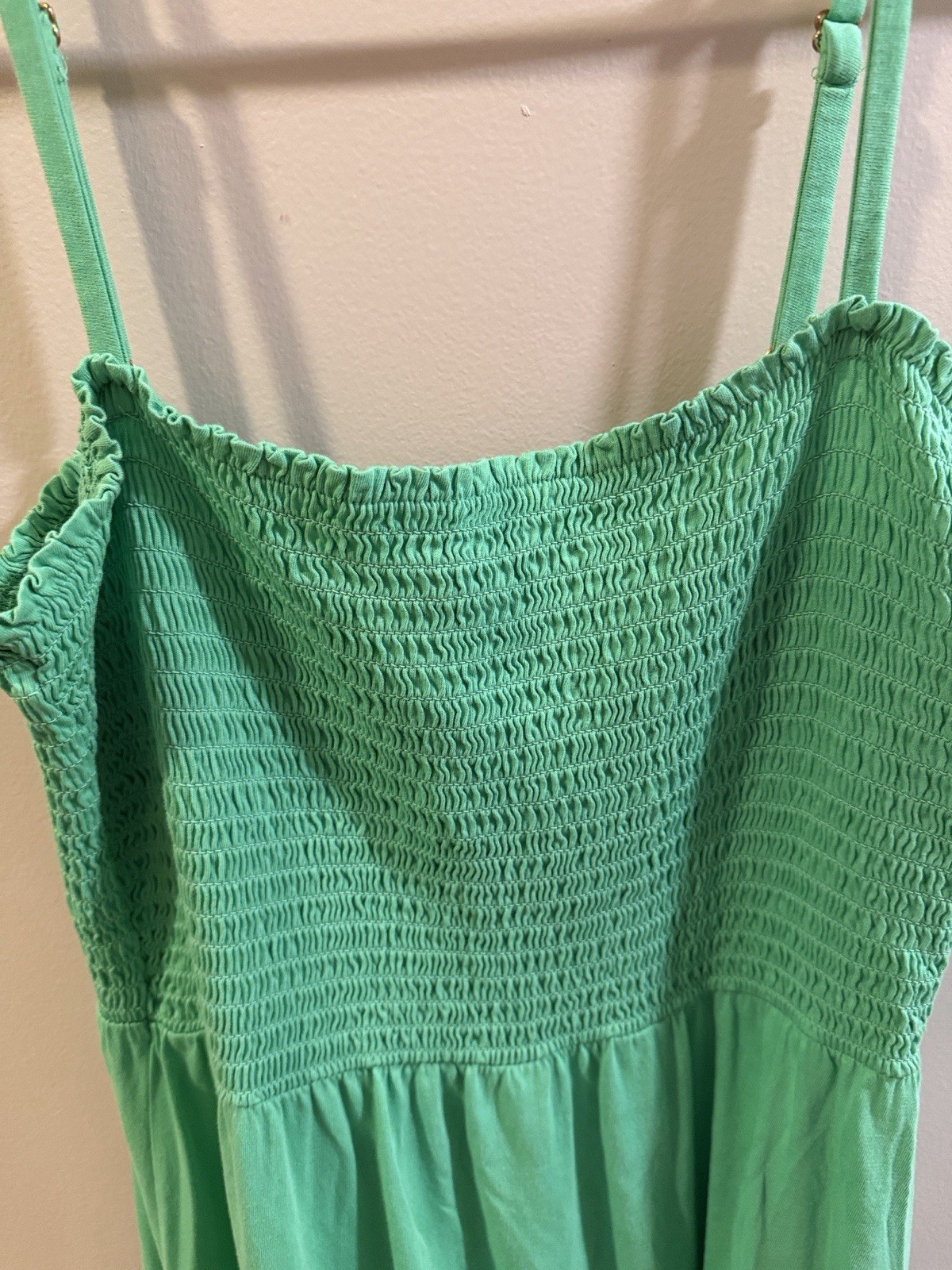 Lilly Pulitzer Green Smocked Square Neck Embroidered Pom-Pom Midi Sundress L