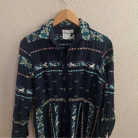 Finley Jeanette Taos in Navy Blue Western Horse Embroidered Shirt Dress XS