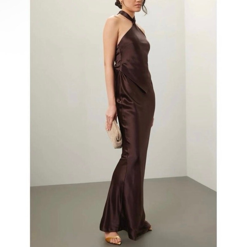 Retrofete Ester Brown Satin TieBack Sheath Formal Dress, Prom Wedding Large