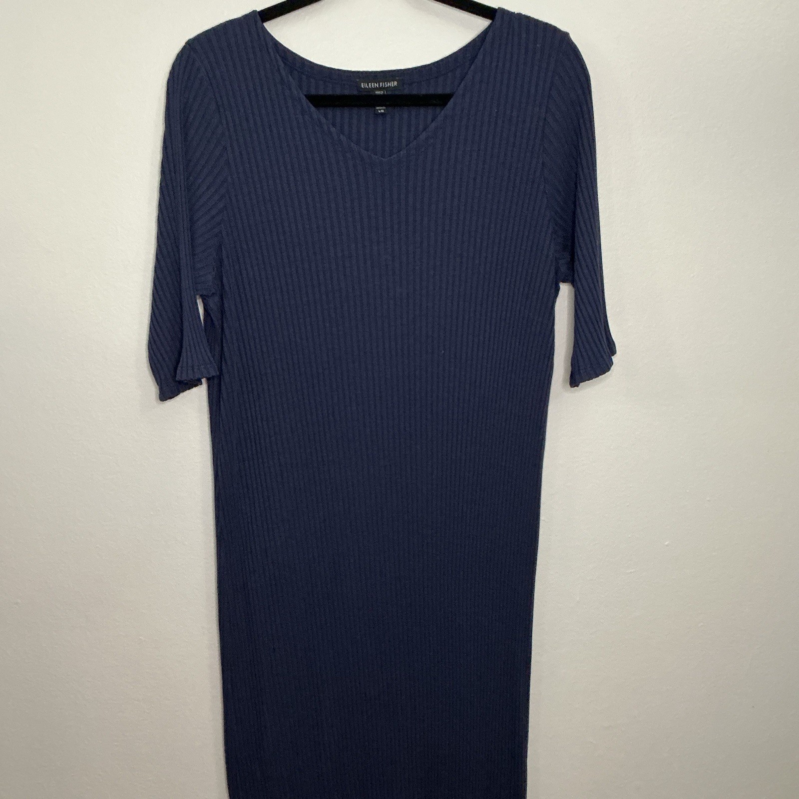 Eileen Fisher Blue Ribbed Knit V-Neck 3/4 Sleeve Midi T-Shirt Dress LG