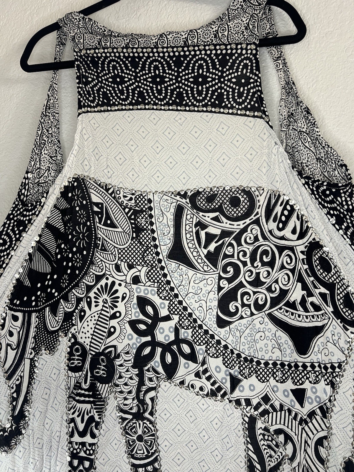 Black White Elephant Print Geometric Sleeveless Long Kaftan Dress Fringe