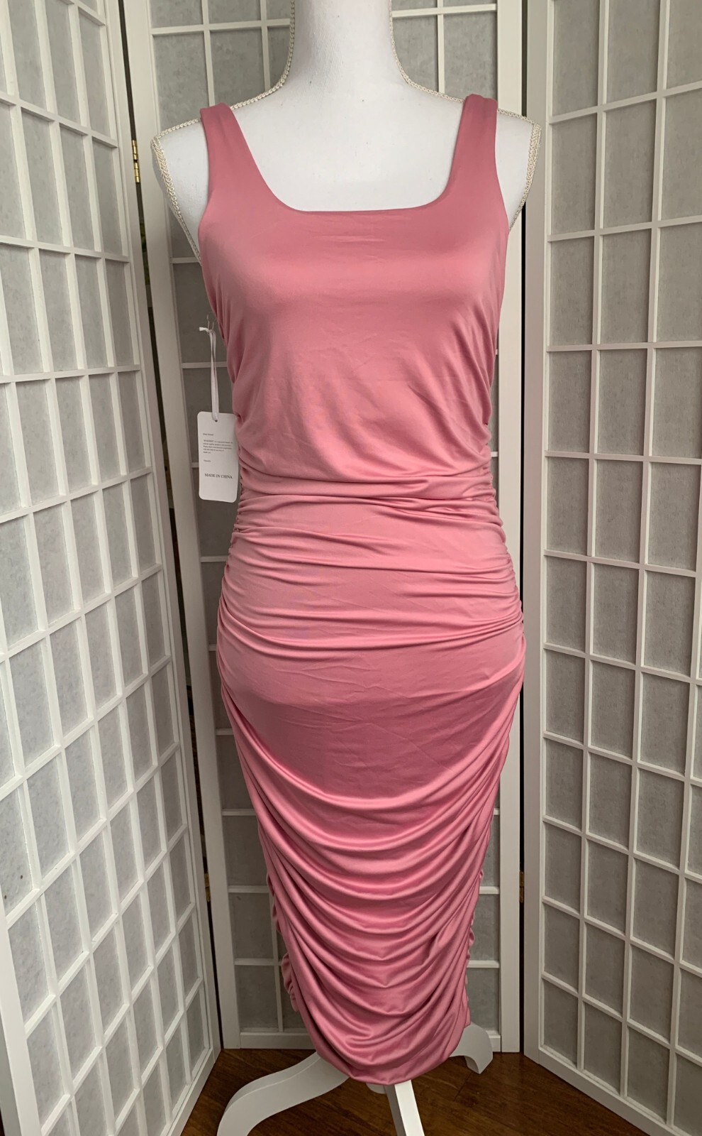 NWT BEAGIMEG Women Bodycon Ruched Sleeveless Basic Midi Dress Pink Size Medium 