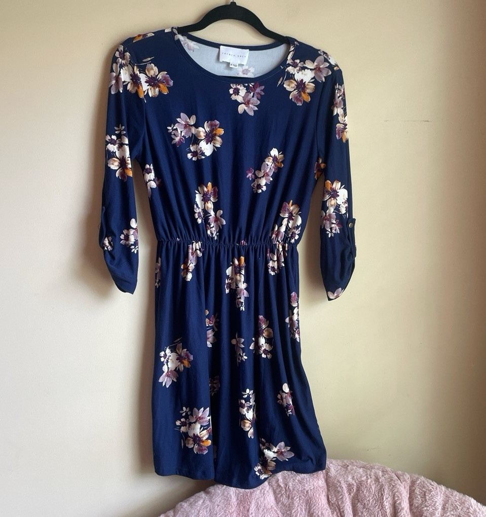 French Grey Navy Floral Knit A-Line Knee Dress M 3/4 Sleeve Stretch Pullover