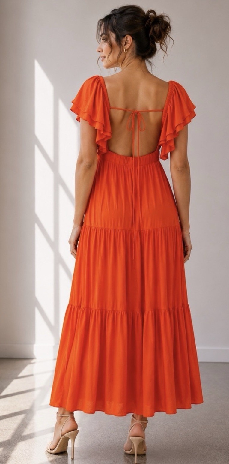 Promesa NWT Orange Open Back Tiered Maxi Dress Flutter Sleeve V Neck Medium