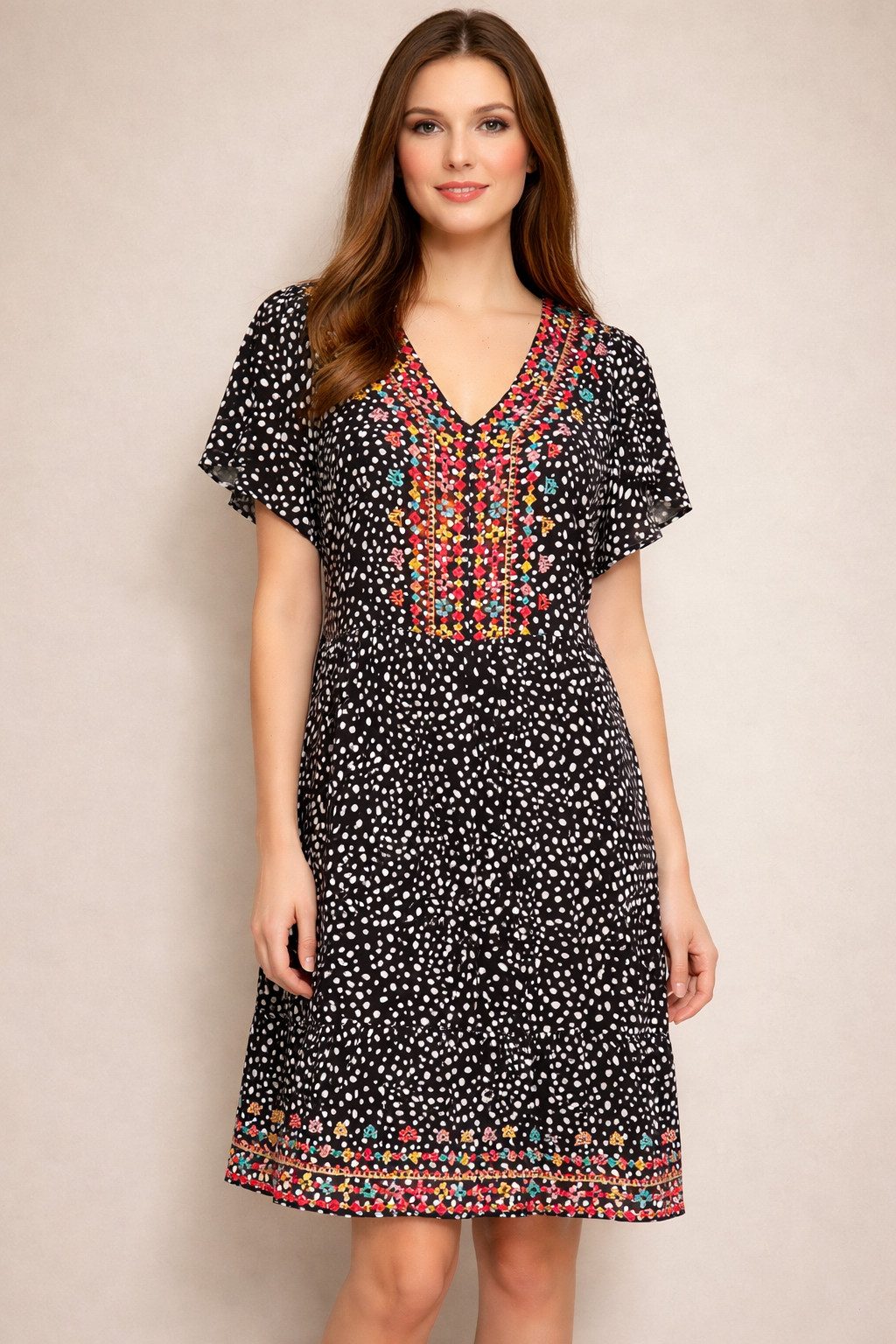 Savanna Jane Boho Women’s L Pullover Dress Black Polka Dot Embroidered V Neck