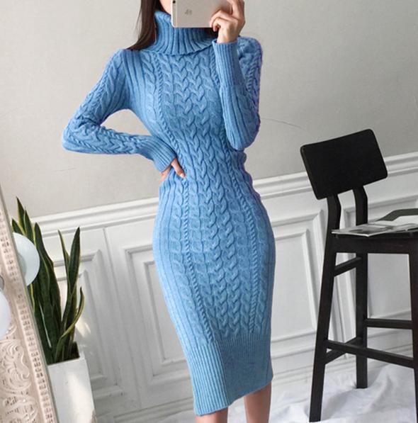 Women Autumn Winter Slim High Neck Long Sleeves Long Dress Knitted Sweater Dress