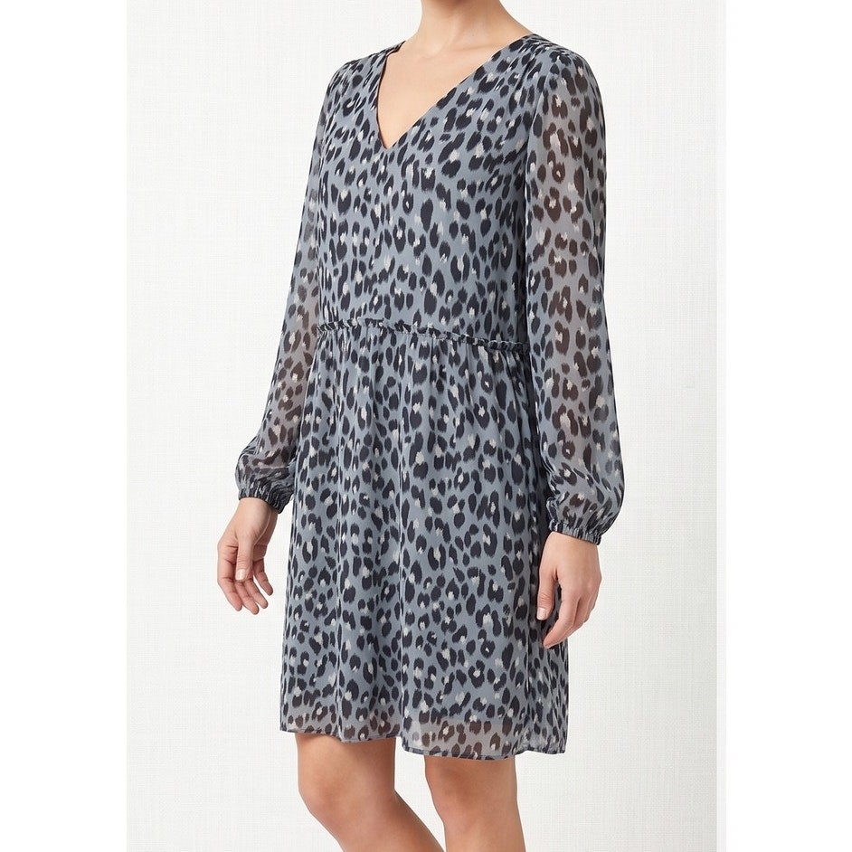LOFT Medium Dress Blue Gray Black White Cheetah Print 100% Polyester