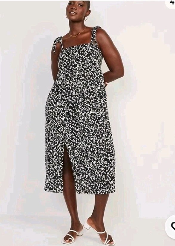 Old Navy Floral Print Sleeveless Midi Cotton Blend Tie Shoulder Dress Sz XL