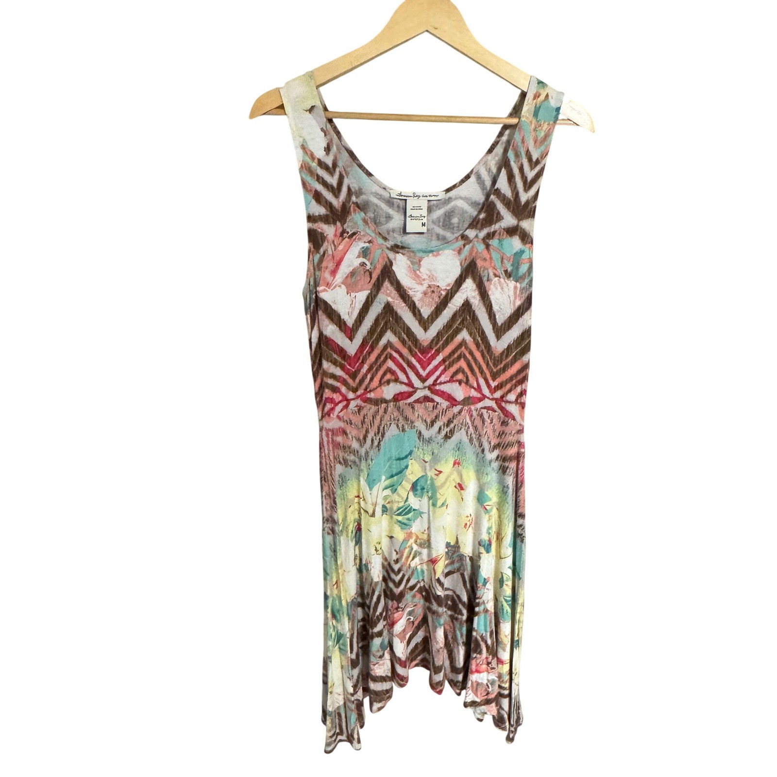 American Rag Womens Chevron Floral Tank Dress Brown Teal Pink Size M