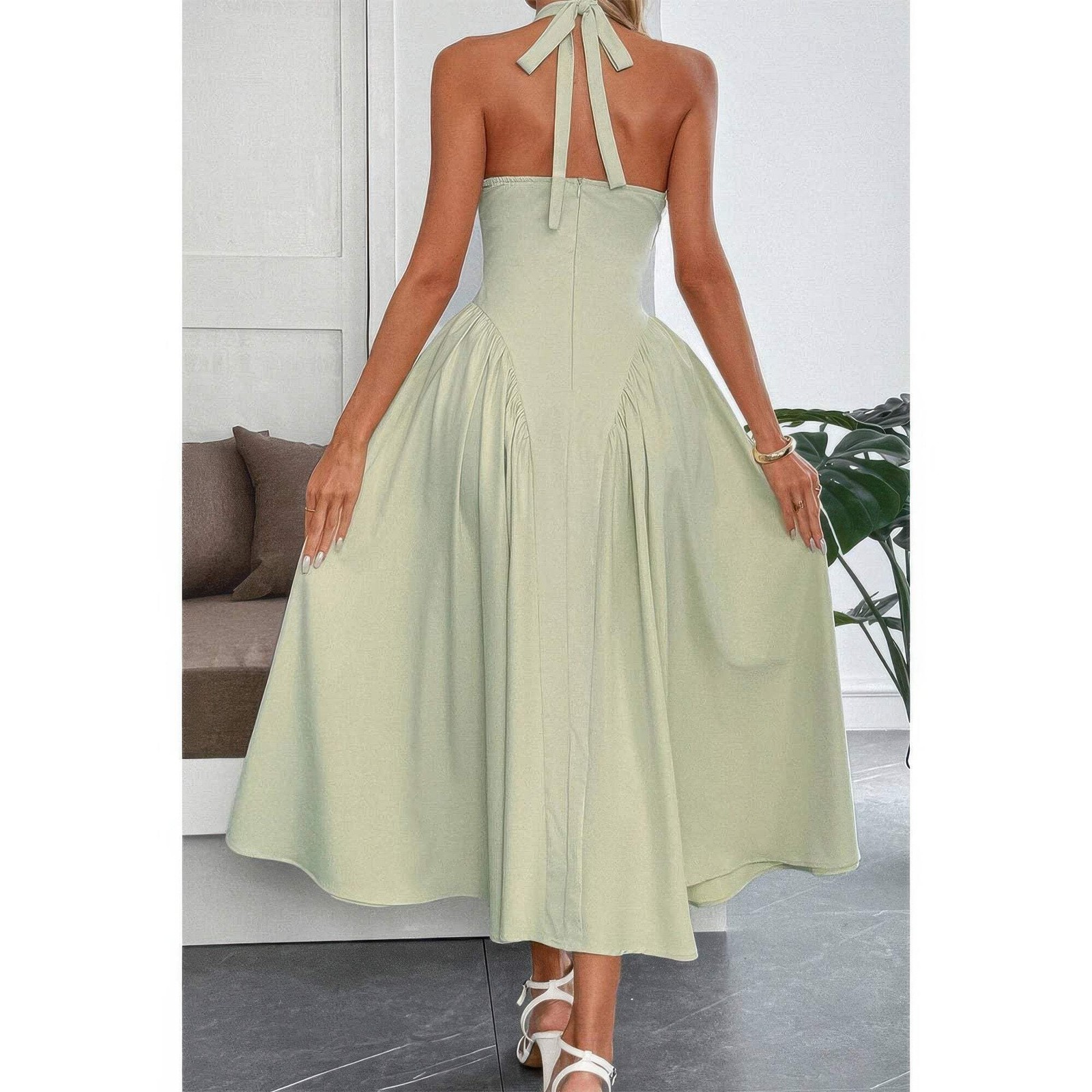 Women’s Solid Halter Midi Sundress Hidden Back Zipper Sleeveless Fit & Flare Dre