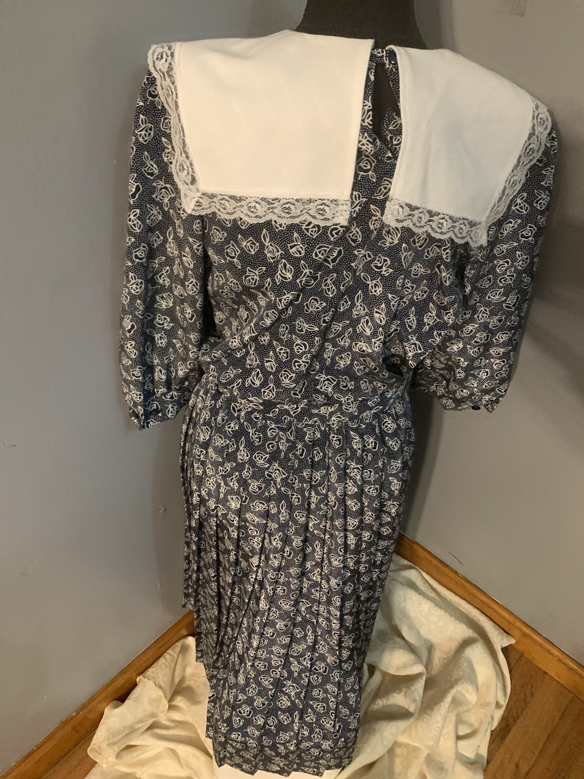 VTG 80s Breli II Lace Collar Cottage Core Prairie Dress Blue White Floral Sz 8