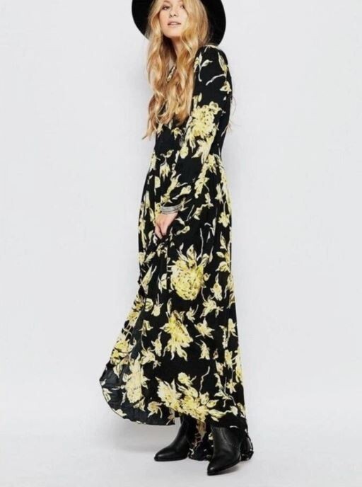 Free People First Kiss S Boho Maxi Dress Black Yellow Floral Back Button Closure