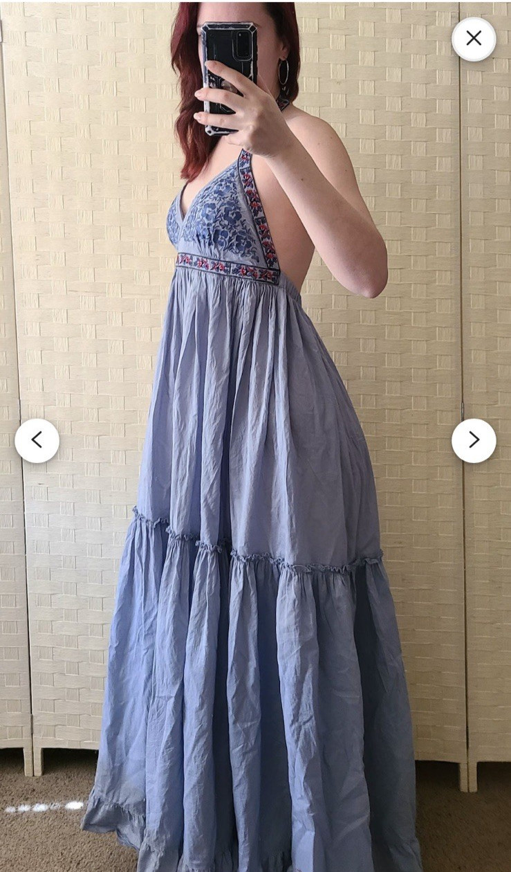 Moda International Ruffle Tiered Maxi Halter Dress Boho festival beach Sz medium