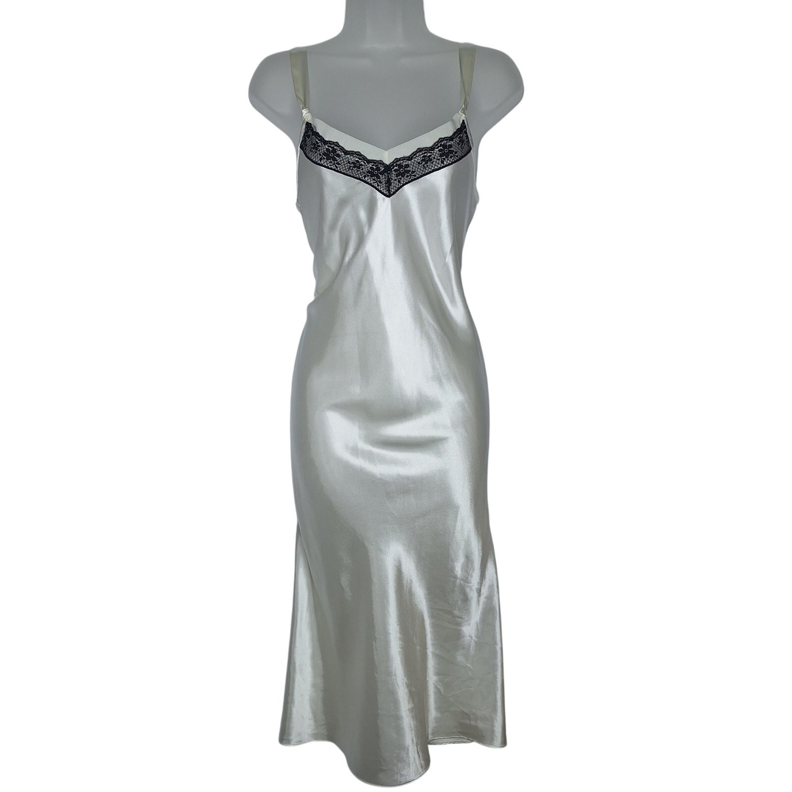 Y2K Satin Bias Cut Slip Dress Midi Lace XS Morgan Taylor Bridal White Black