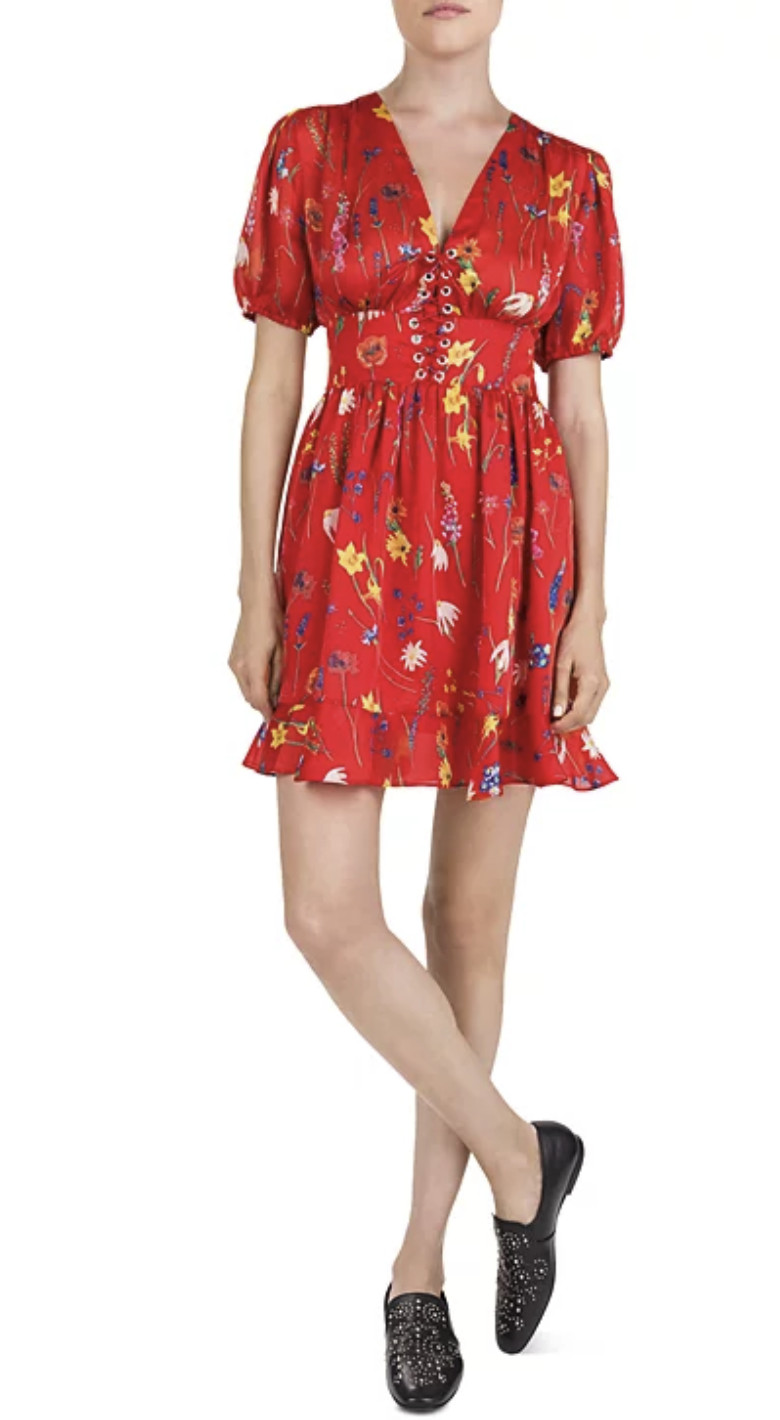 The Kooples Women Floral Print Lace Up Mini Dress Red Size 2