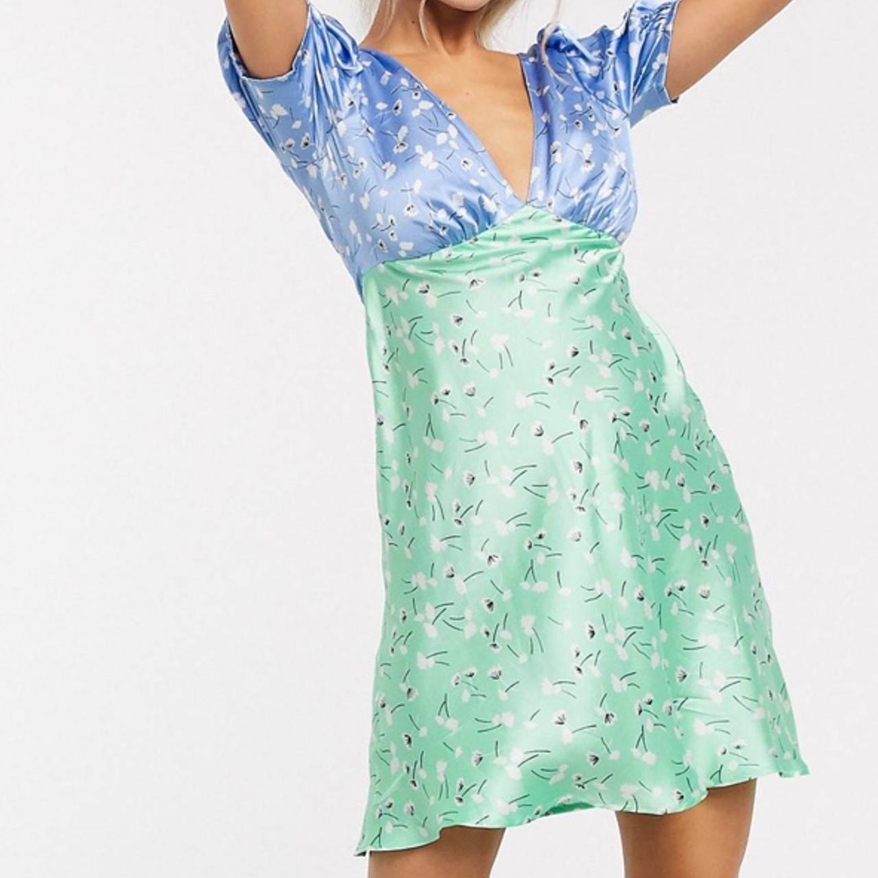 Asos blue green floral dress cap sleeve vneck silky satin mini colourblock Sz 12