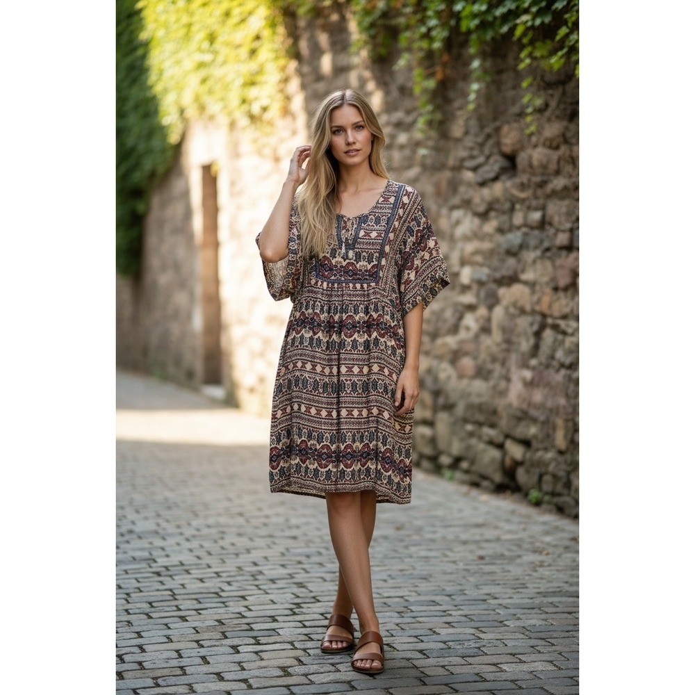Ya Los Angeles Boho Tribal Print Mini Dress Small Cream Rust Blue Kimono Sleeve