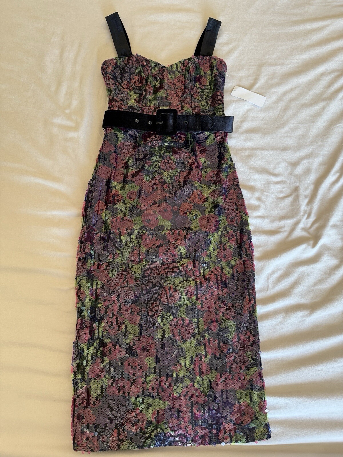 Dress the Population Nicole Sequined Deep Plum Midi Dress Pencil Belted Small S