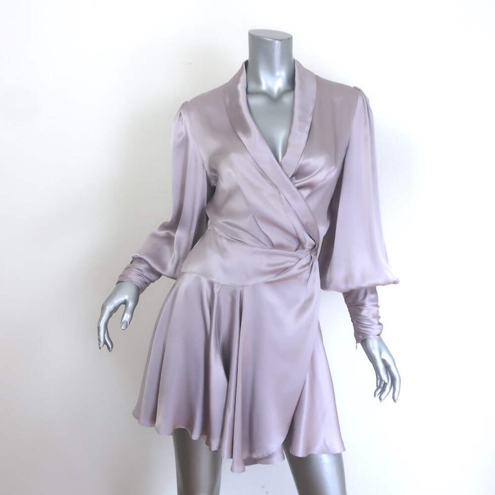 Zimmermann Blouson-Sleeve Mini Wrap Dress Lavender Silk Satin Size 2