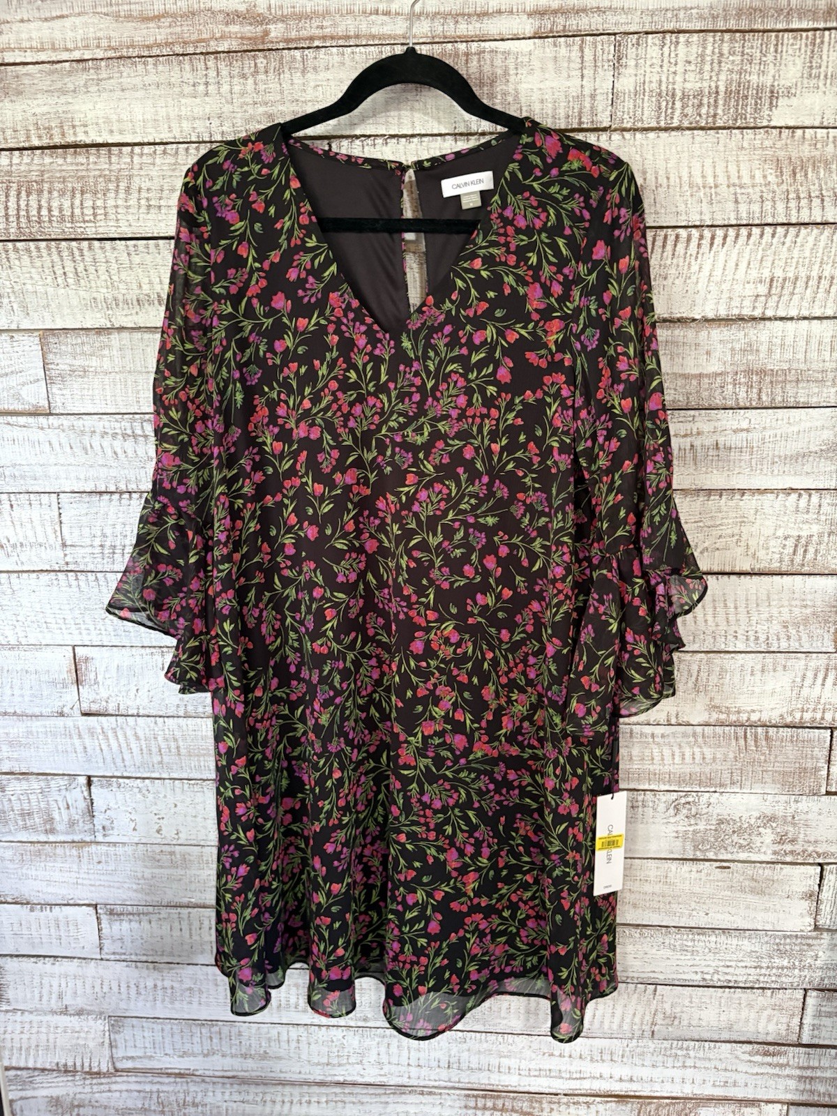 🔥 NWT Calvin Klein Crinkle Chiffon Floral Print 3/4 Bell Sleeve Women’s Size 14