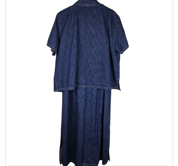 VTG Denim 2 Pc Set Maxi Dress Button Top 18W Western Boho 90s Embroidered Floral