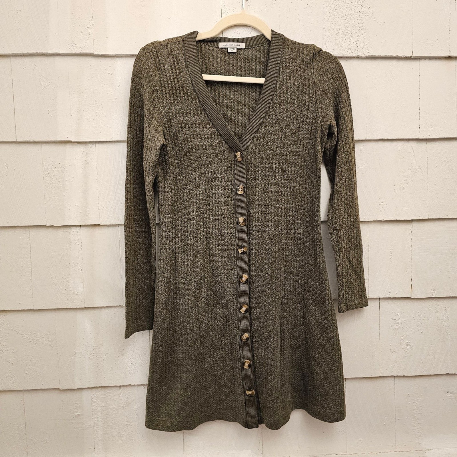 American Eagle XS Olive Waffle Knit Button Front Long Sleeve Mini Dress