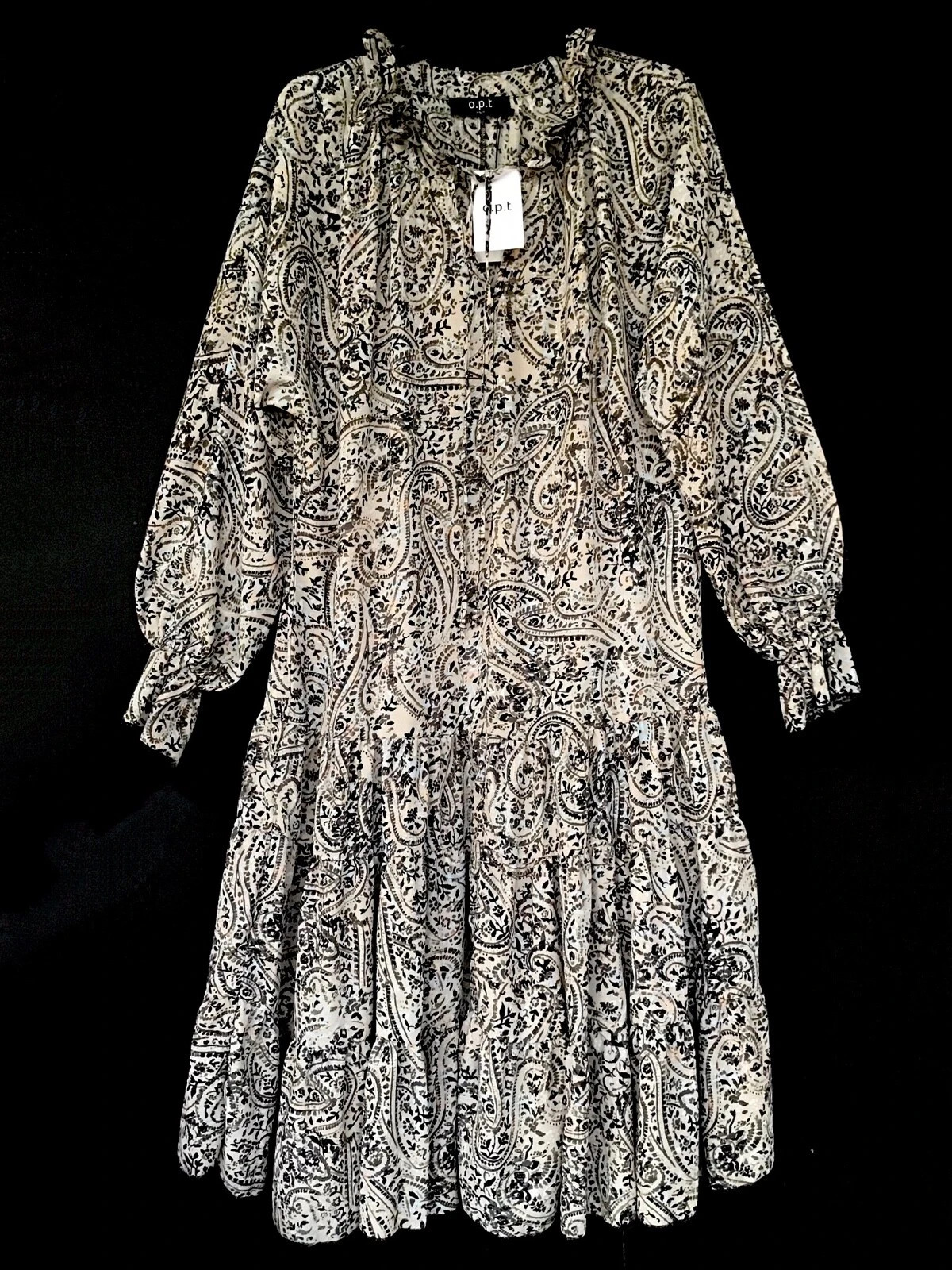 O.P.T. Womens Long Sleeve Tiered Dress Medium Tan Paisley Print Midi Maxi NWT