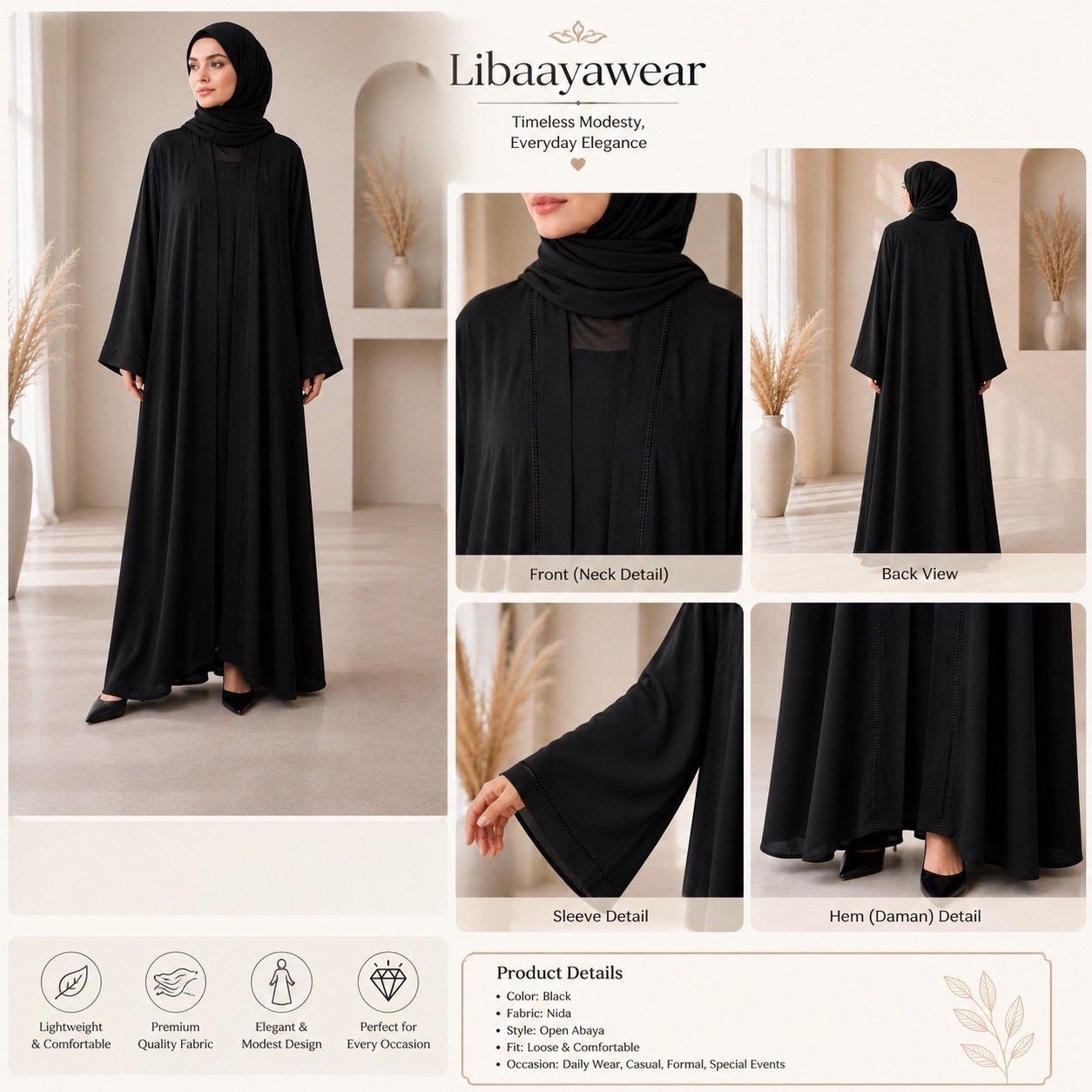 Libaayawear Women’s Black Solid Open Front Abaya One Size Nida Bell Sleeve